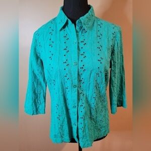 COLLECTION BY JENNIFER MOORE Eyelet Cut-Out Button-down Shirt, Green, Size 10P